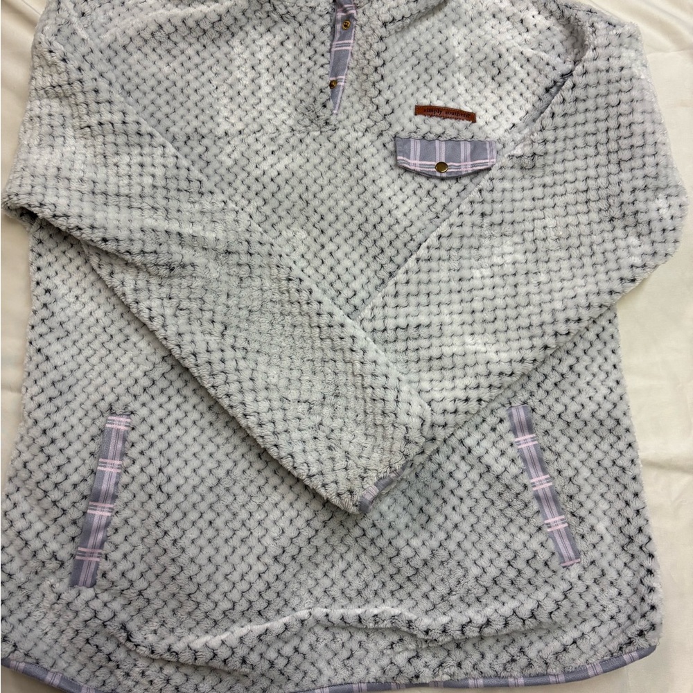 Simply Southern Gray Textured Pullover with Plaid Detail